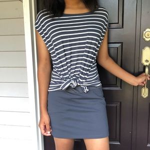 Grey T-shirt dress with white stripes